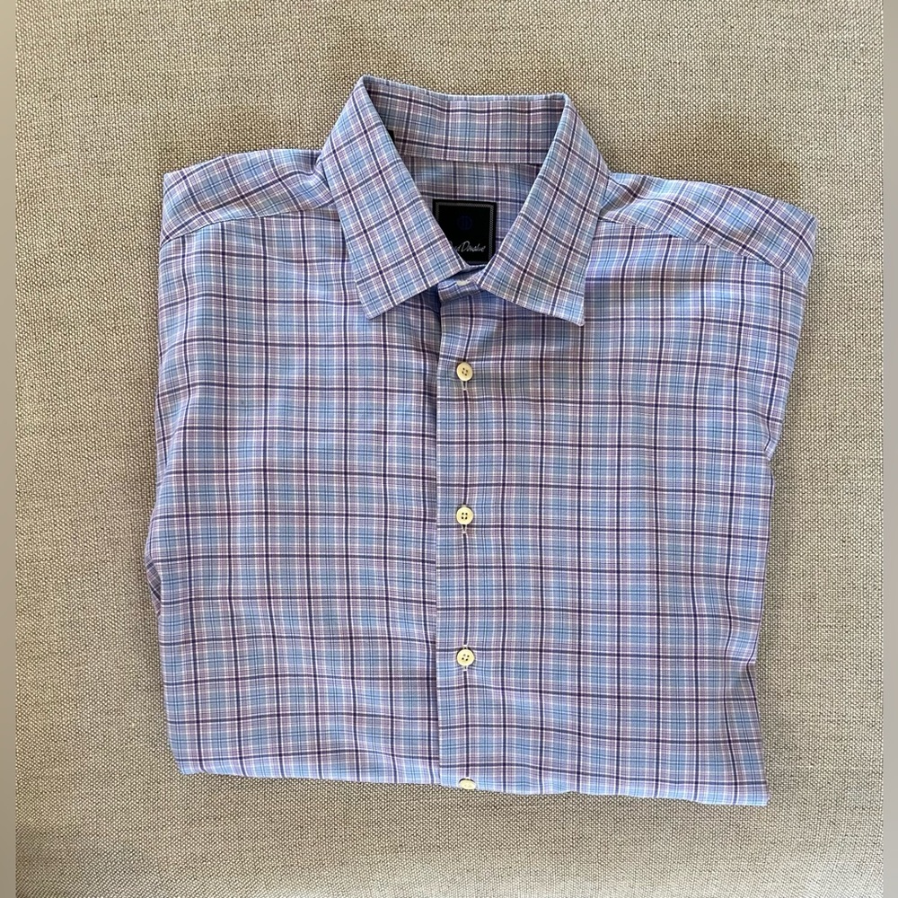 David Donahue Windowpane Check Print Spread Collar Shirt in Lavender 16 1/2 $155